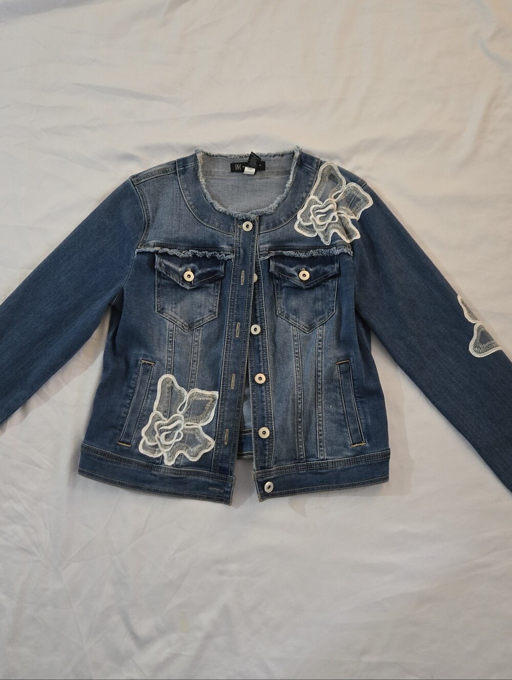 INC International Concepts Blue Denim Jacket with White Floral Appliqué - Picture 3 of 5